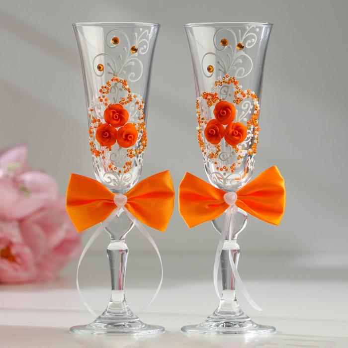 Набор свадебных бокалов "Восторг", с лепниной, бисером и бантами, оранжевый