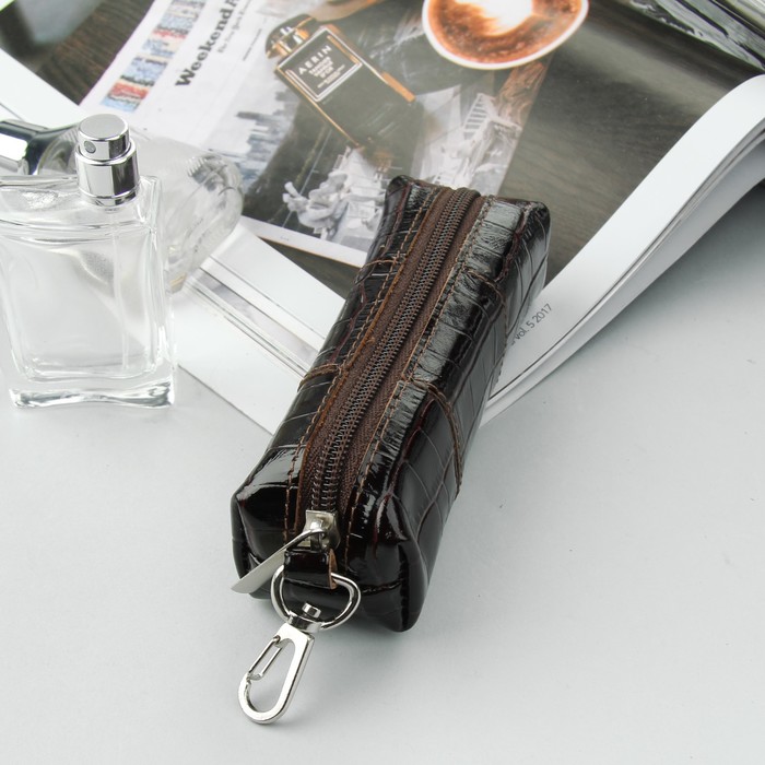 Ключница на молнии, кольцо, крокодил, цвет коричневый