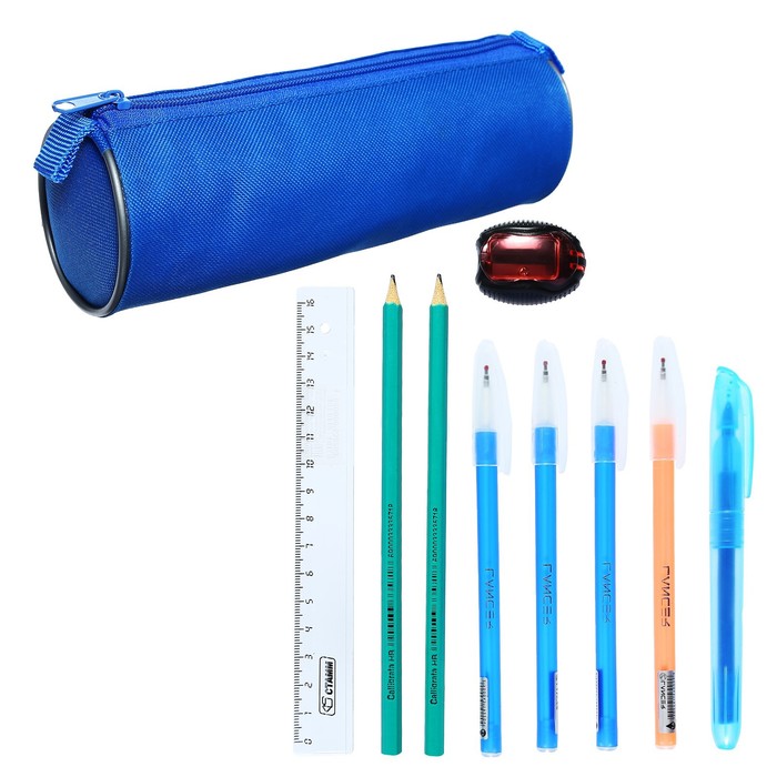 Набор канцелярский 10 предметов (Пенал-тубус 65 х 210мм, ручки 4 штуки цвет синий , линейка 15 см, точилка, карандаш 2 штуки, маркер-текстовыделитель), цвет синий