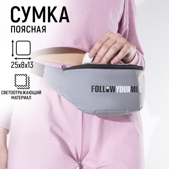 Сумка поясная светоотражающая FOLLOW YOUR MIND 35х12х5 см, цвет серый nazamok сумка поясная светоотражающая follow your mind 35х12х5 см