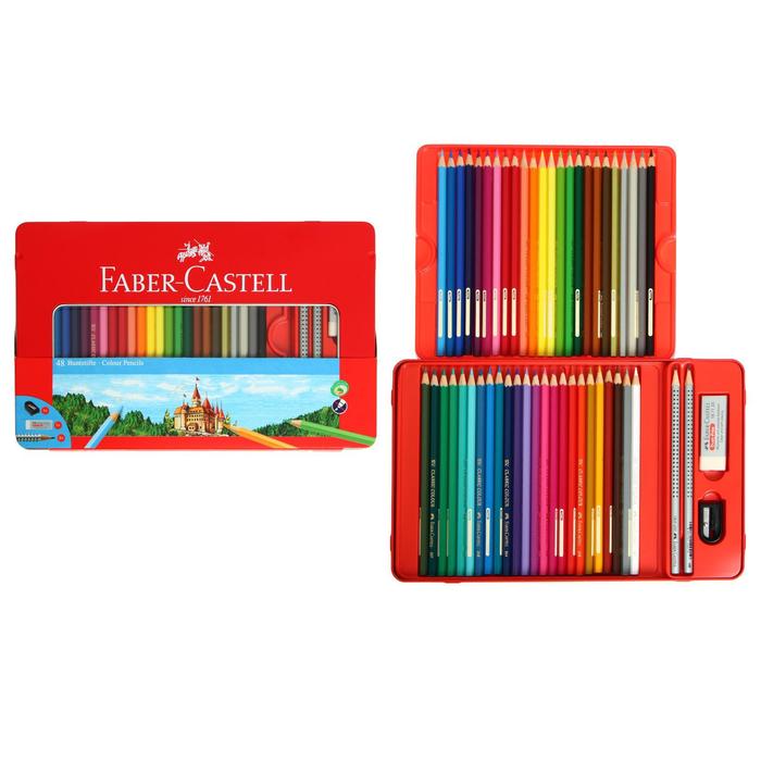 фото Карандаши 48 цвета faber-castell «замок», трёхгранный корпус, 2 чернографитных карандаша , с ластиком, в металлическом пенале