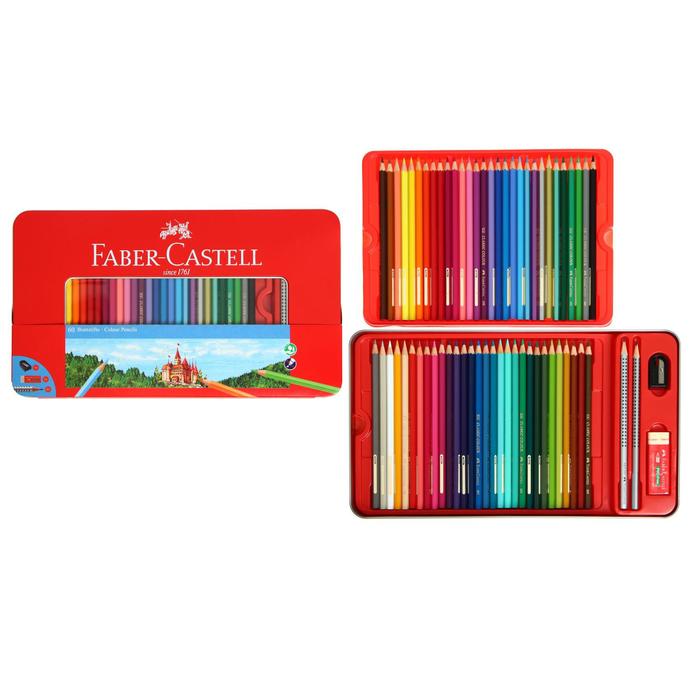 фото Карандаши 60 цвета faber-castell «замок», шестигранный корпус, 2 чернографитных карандаша , с ластиком и точилкой, в металлическом пенале