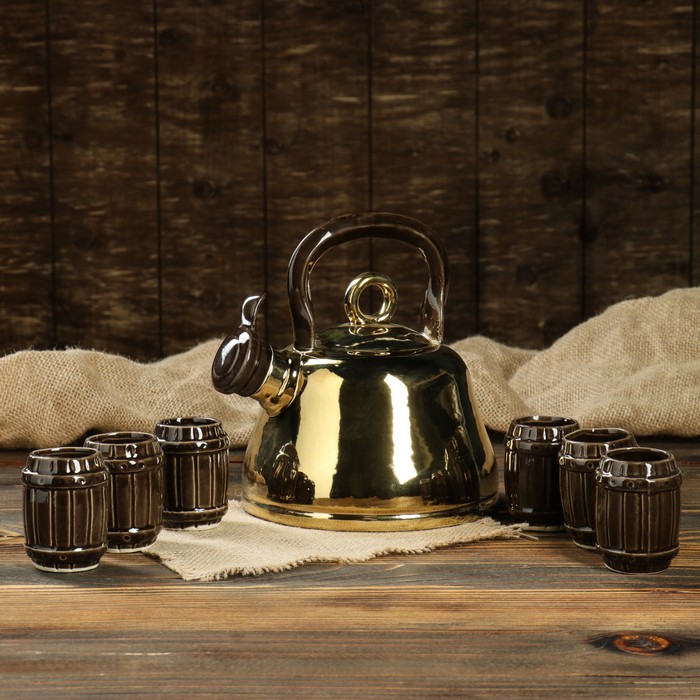 Штоф с рюмками "Чайник", золото, 7 предметов, 1,25 л