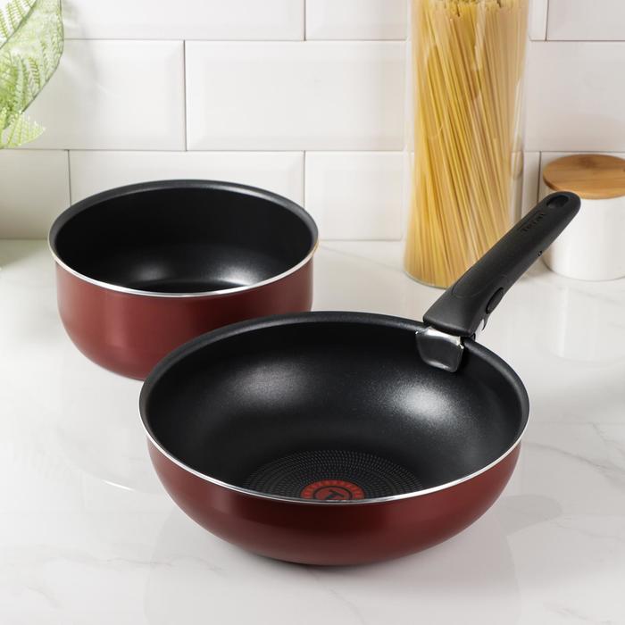 фото Набор посуды ingenio red, 3 предмета: ковш d=20 см, сковорода wok d=26 см, съёмная ручка tefal