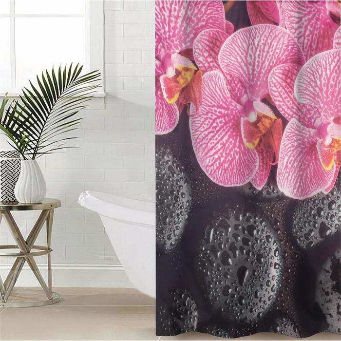 фото Штора для ванной оксфорд 145х180 "орхидея на черных камнях" сирень