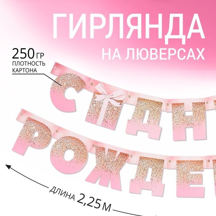 Гирлянда на люверсах «С Днем Рождения», розовая с подарком, длина 225 см гирлянда на люверсах с днем рождения розовая с подарком длина 225 см