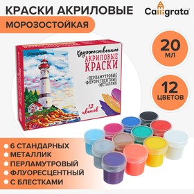 Краска акриловая, набор 12 цветов х 20 мл, Calligrata Mix : 6 стандарных ; металлик, перламутровый, флуоресцентный, с блестками (морозостойкий)