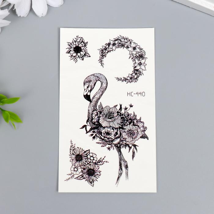 Татуировка на тело чёрная Фламинго и цветы 10,5х6 см