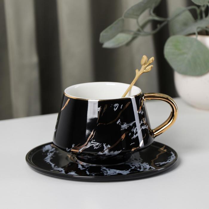 Чайная пара керамическая с ложкой Gold, 2 предмета: чашка 240 мл, блюдце d=14,8 см, цвет чёрный чайная пара керамическая с ложкой изменение 2 предмета чашка 230 мл блюдце цвет микс