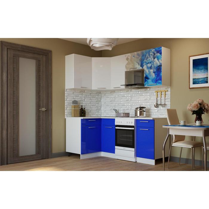 Кухонный угловой гарнитур 1100 × 2000 мм, фотопечать К-24, цвет корпуса белый / низ синий
