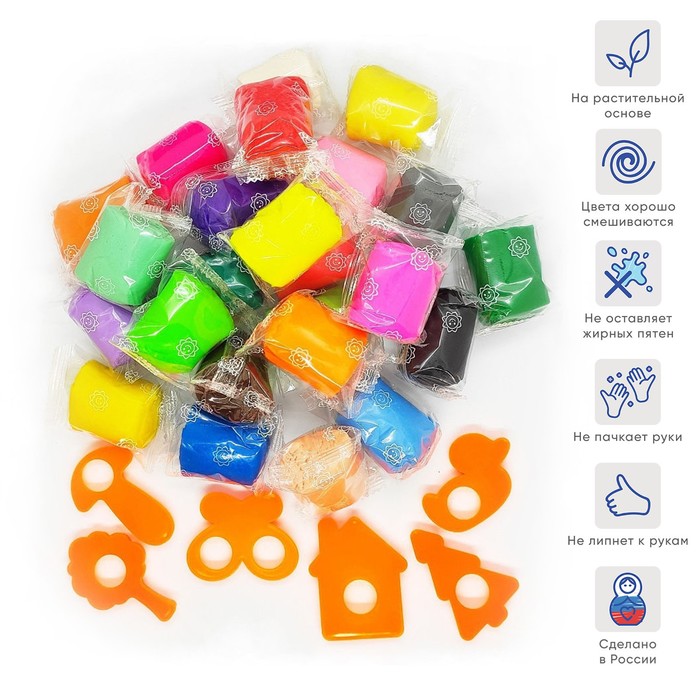 фото Тесто для лепки 24 цвета, 840 г, "игротека" в пластиковом ведре + 6 штампов