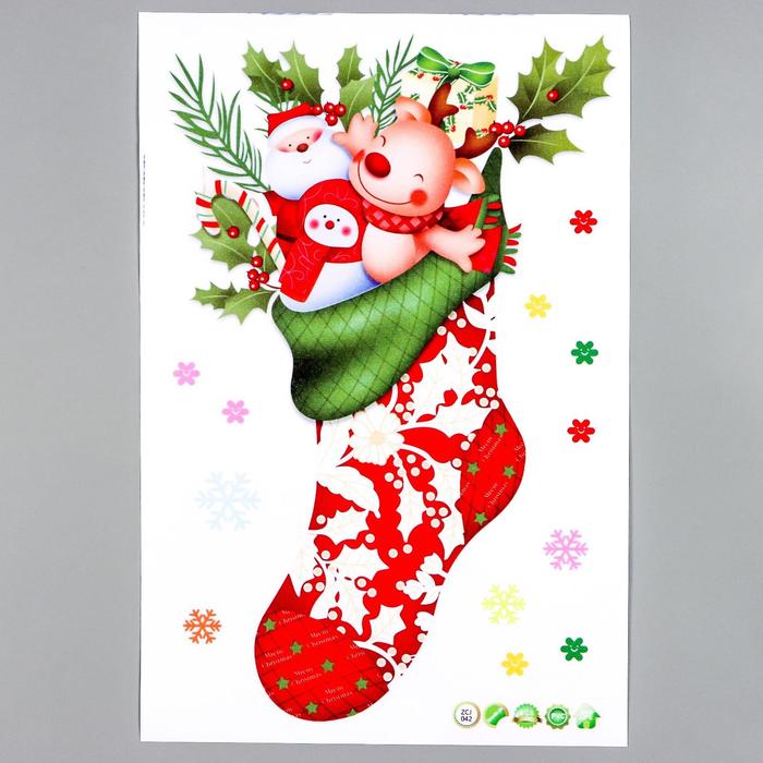 Наклейка пластик интерьерная цветная "Дед Мороз с помощниками в новогоднем носке" 20х30 см