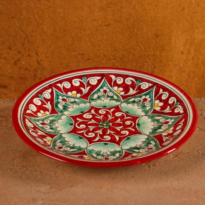 Тарелка Риштанская Керамика Цветы, красная, плоская, 15 см, микс