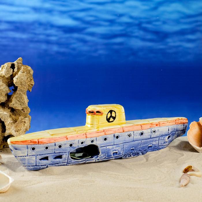 фото Декорация для аквариума "подводная лодка", жёлтая, 34х4х9 см, микс керамика ручной работы