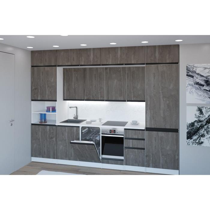Модульный кухонный гарнитур трехуровневый Ноктюрн люкс, 3000х600, Бетон темный/Белый кухонный гарнитур ноктюрн медиум 1400х600 бетон темный белый