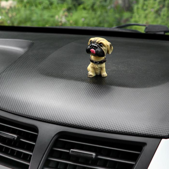 фото Собака на панель авто, качающая головой, мини, дог