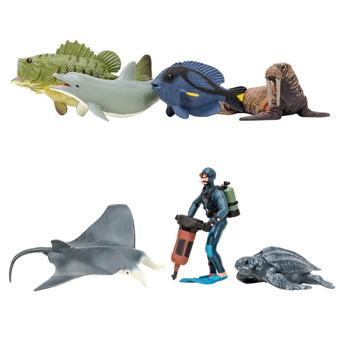 фото Набор фигурок: манта, морж, кожистая черепаха, рыбка-хирург, дельфин, окунь, дайвер masai mara