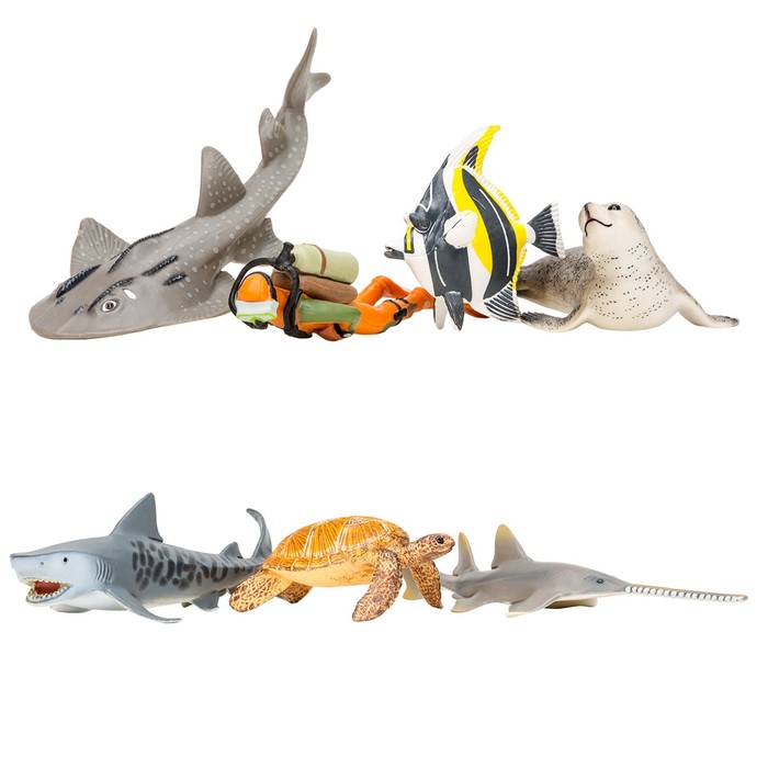 фото Набор фигур: акула, черепаха, мавританский идол, тюлень, китовая акула, кошачья акула,дайвер 70625 masai mara