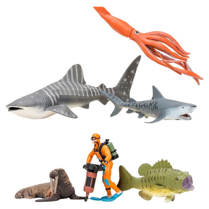 фото Набор фигурок: китовая акула, акула, морж, кальмар, окунь, дайвер, 6 предметов masai mara
