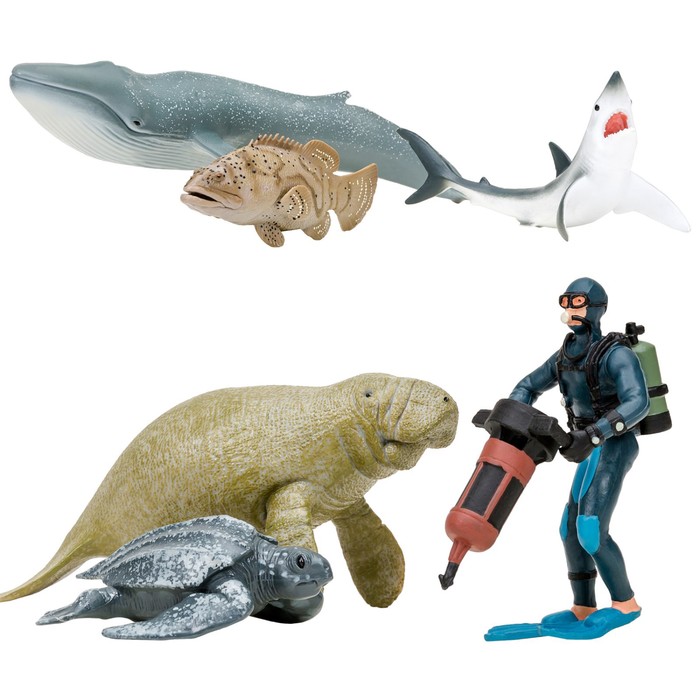 фото Набор фигурок: кит, ламантин, акула, кожистая черепаха, рыба групер, дайвер, 6 предметов masai mara