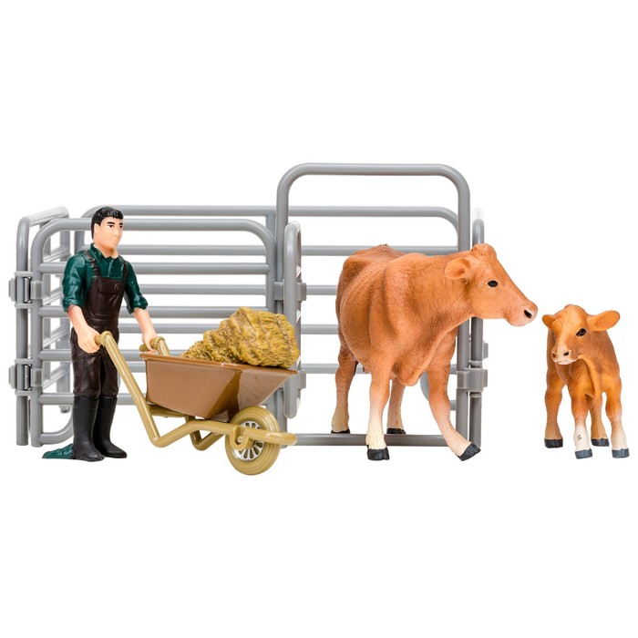 фото Набор фигурок, 6 предметов: фермер, корова с теленком, ограждение-загон, инвентарь masai mara