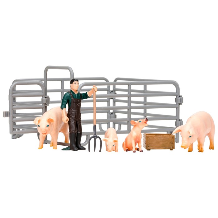 фото Набор фигурок, 8 предметов: фермер, семья свиней, ограждение-загон, инвентарь masai mara