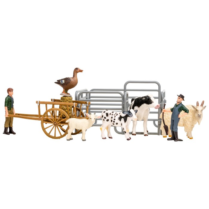 фото Набор фигурок, 10 предметов: 2 фермера, животные, ограждение-загон, телега, инвентарь masai mara