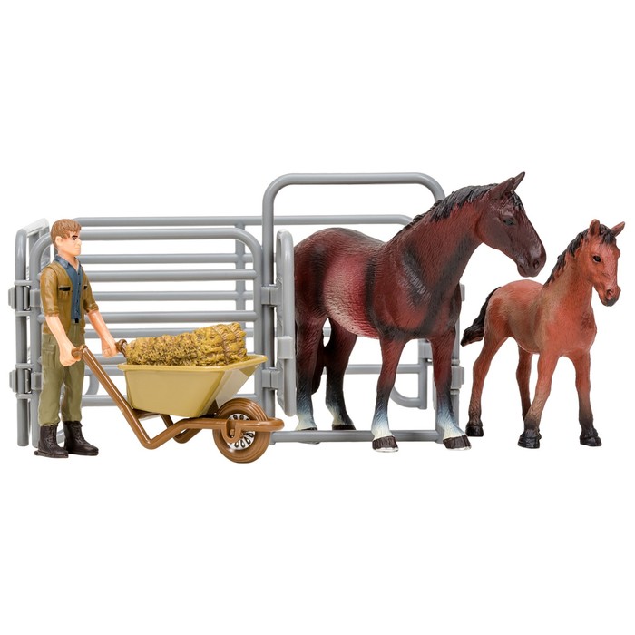 фото Набор фигурок, 6 предметов: фризская конь и жеребенок, фермер, ограждение-загон, инвентарь masai mara