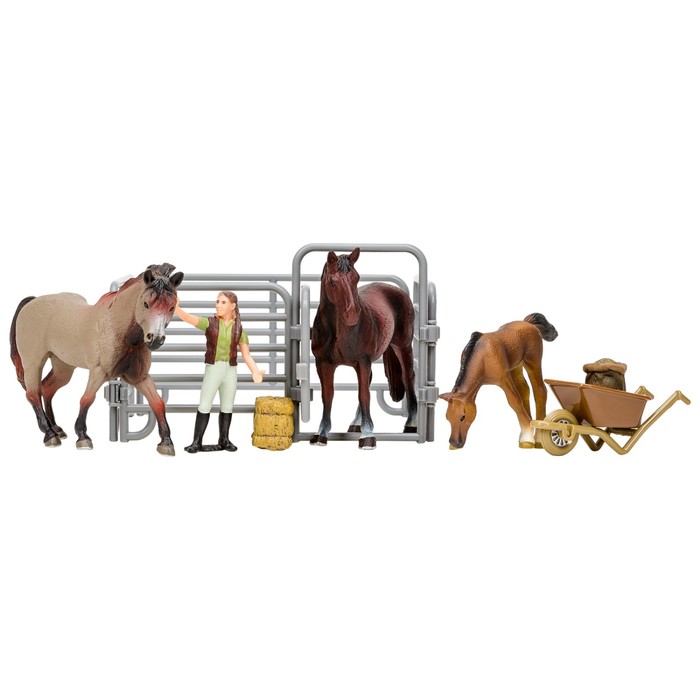 фото Набор фигурок, 8 предметов: 3 лошадки, фермер, ограждение-загон, инвентарь masai mara