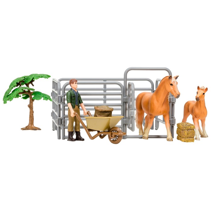 фото Набор фигурок: авелинская лошадь и жеребенок, фермер, дерево, ограждение-загон, инвентарь masai mara