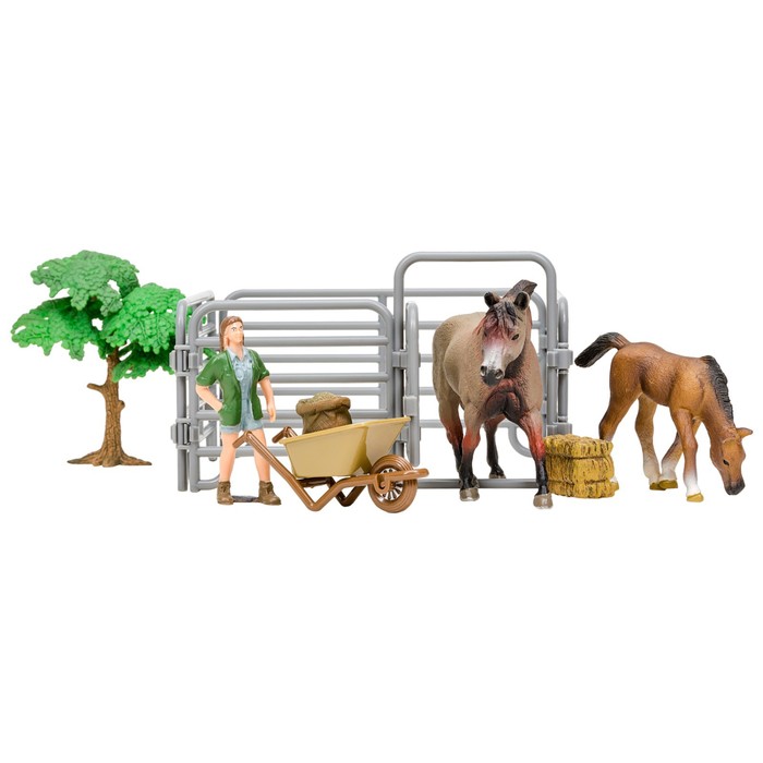 фото Набор фигурок: американская лошадь и жеребенок, фермер, дерево, ограждение-загон, инвентарь 706259 masai mara