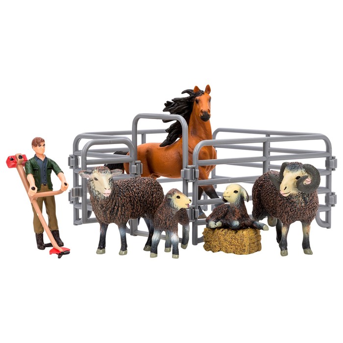 фото Набор фигурок, 8 предметов: фермер, лошадь и семья овец, ограждение-загон, инвентарь masai mara