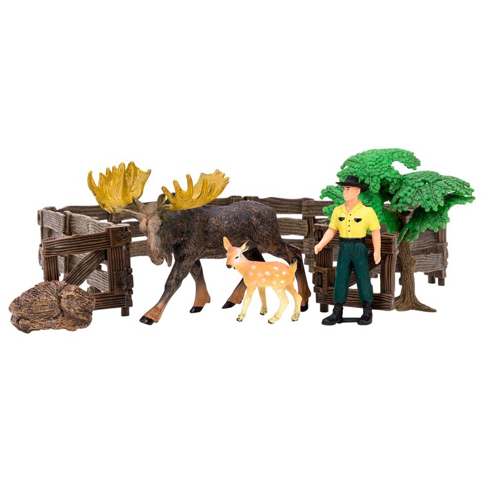 фото Набор фигурок, 6 предметов: рейнджер, лось, олененок ограждение-загон, дерево, камень masai mara