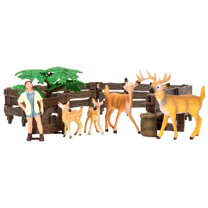 фото Набор фигурок, 8 предметов: зоолог, семья оленей, дерево, ограждение-загон, инвентарь masai mara