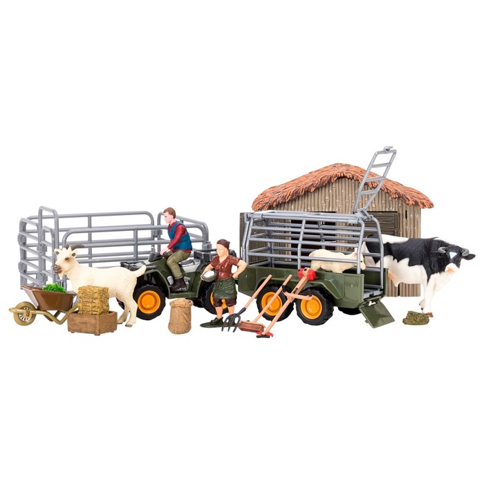 фото Набор фигурок: бык, козы, квадроцикл для перевозки животных, фермер, инвентарь, 22 предмета 706261 masai mara
