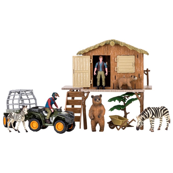 фото Набор фигурок: зебры, медведи, квадроцикл для перевозки животных, фермер, инвентарь masai mara