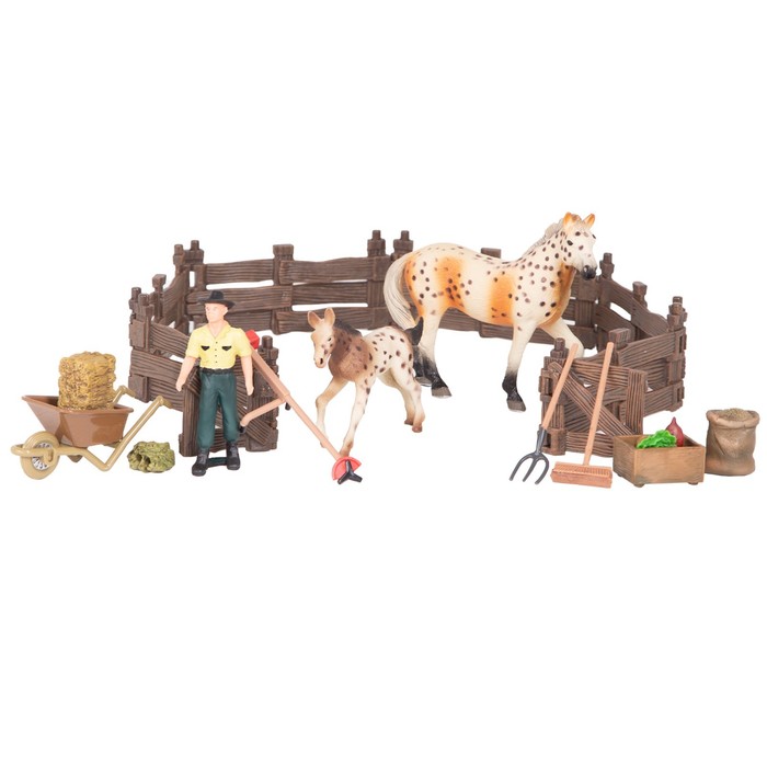 фото Набор фигурок: конюшня, лошади, фермер, инвентарь, 16 предметов masai mara
