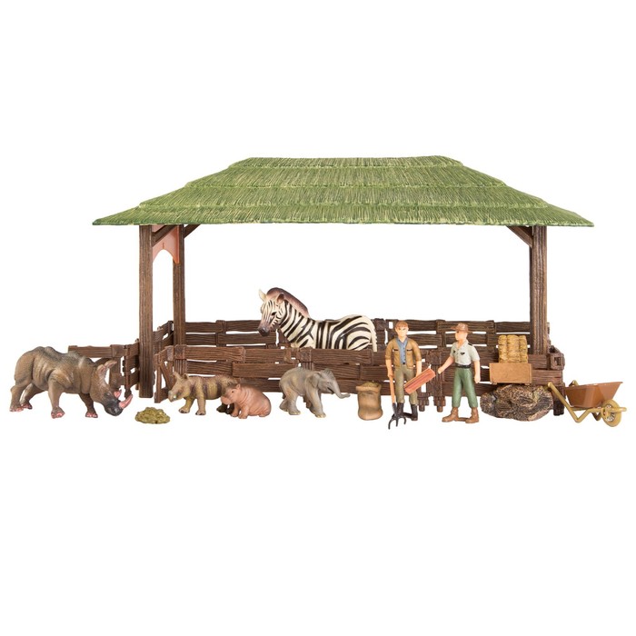 фото Набор фигурок: зебра, слоненок, бегемотик, носороги, фермеры, инвентарь, 21 предмет masai mara
