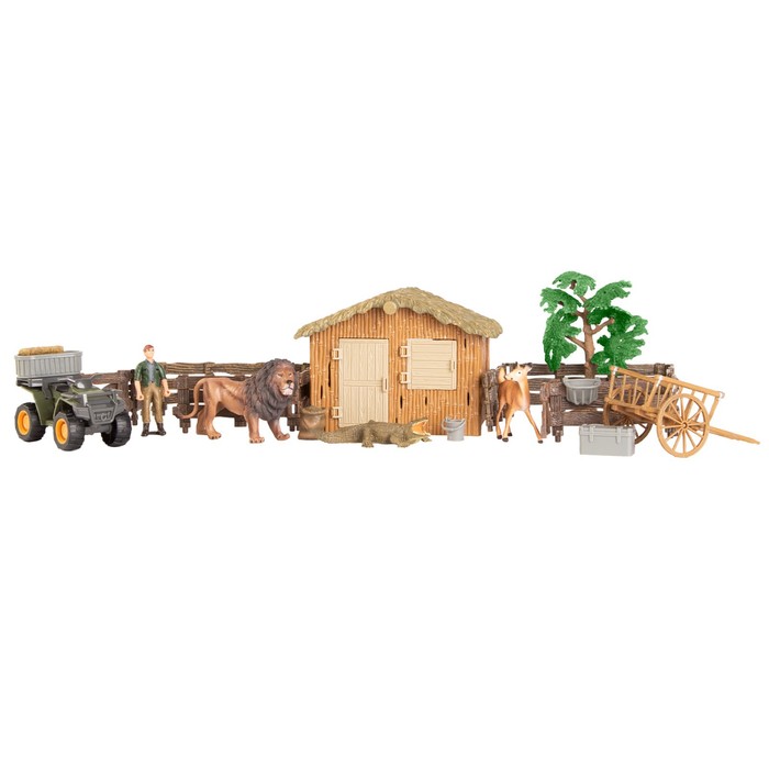 фото Набор фигурок: лев, крокодил, олененок, квадроцикл, фермер, инвентарь, 15 предметов masai mara