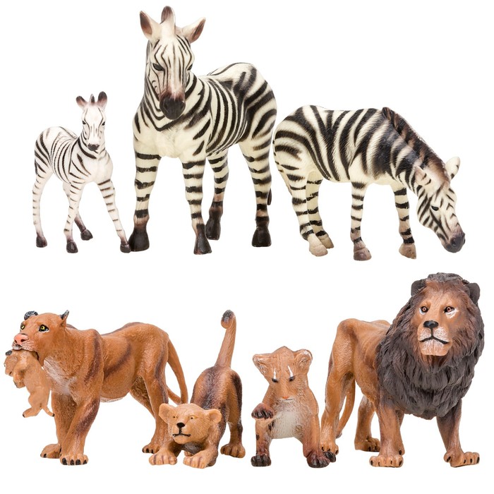 Набор фигурок «Мир диких животных: семьи львов и семья зебр», 7 фигурок набор фигурок мир диких животных семья львов и семья зебр 5 фигурок