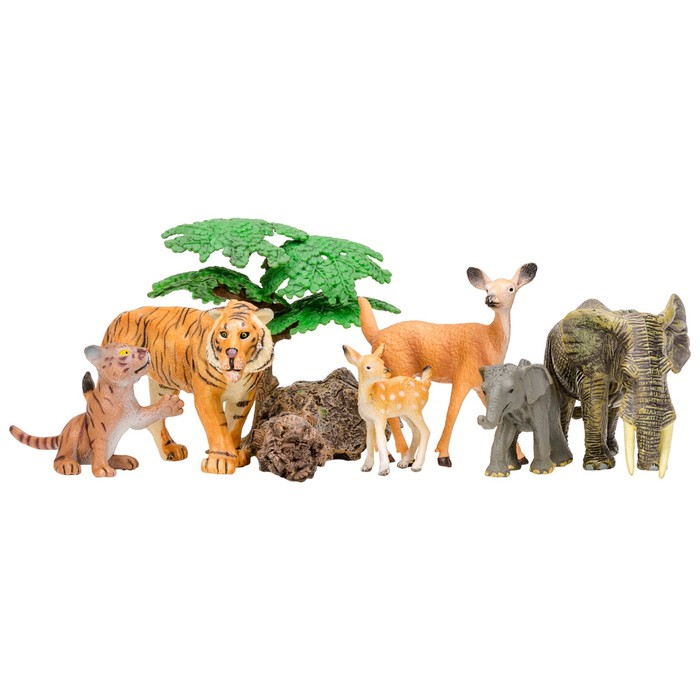 фото Набор фигурок: тигр с тигренком, слон со слоненком, олень с олененком, 3 аксессуара masai mara