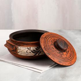 

Кашник с ручками, роспись ангобом, красная глина, 2 л