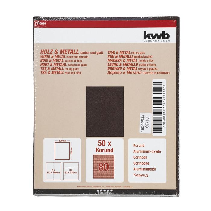 

Бумага наждачная KWB, К80, бумажная, 230x280 мм, оксид алюминия