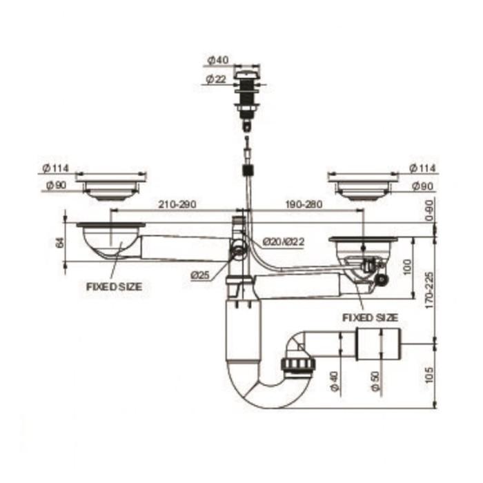 Сифон для мойки PREVEX P-loc PL2-R9C45-SANT-01, двойной, автомат, d=50/40 мм, серый