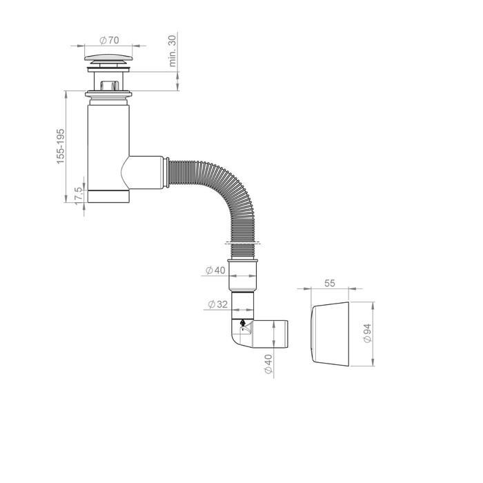 Сифон для раковины PREVEX Easy Clean 1532403, d=40 мм, клик-клак хром, белый