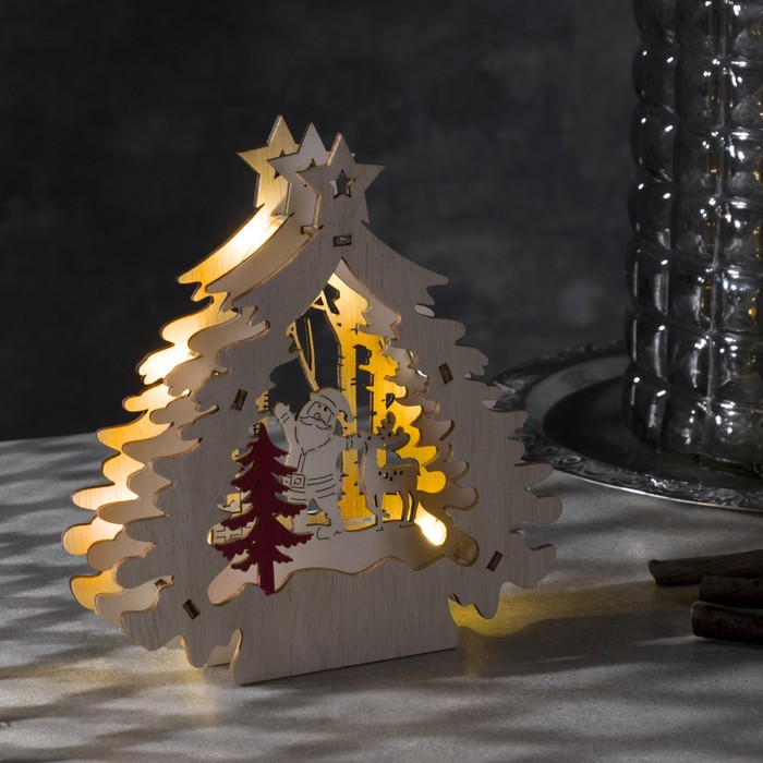 Светодиодная фигура «Ёлка с Дедом Морозом» 16 × 17 × 5 см, дерево, батарейки АААх2 (не в комплекте), свечение тёплое белое