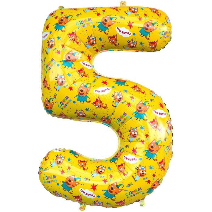 Шар фольгированный 34 «Цифра 5», Три Кота, жёлтый, 1 шт. в упаковке шар фольгированный 22 коржик три кота звезда 1 шт в упаковке