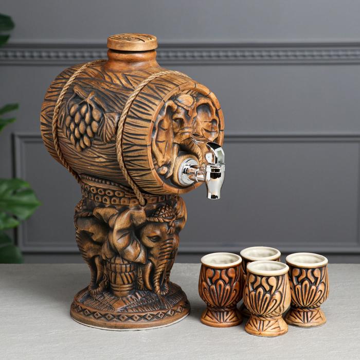 фото Винный набор "слон", коричневый, 5 предметов: бочка 2.5 л, рюмки 0.1 л керамика ручной работы