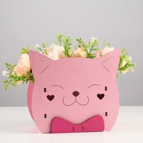 Кашпо деревянное для цветов и подарков "Котик" с аппликацией, розовое, 18,8х12,8х16,7 см