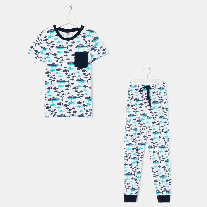 Пижама для мальчика, цвет белый/голубой, рост 116-122 см